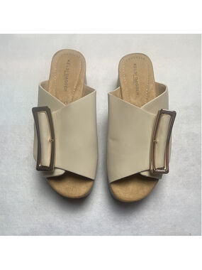 Kelsi Dagger Women’s Beige Leather Slide Wedge Sandals Buckle Slip-On 7.5